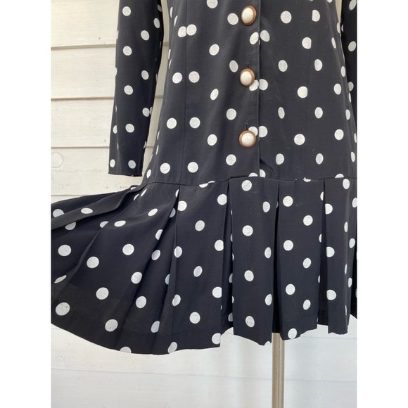 Vintage 1980s Black White Polka Dot Pleated Dress - Picture 4 of 12